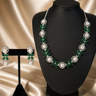 Emerald Green Pearl CZ Silver Tone Necklace Earrings Set