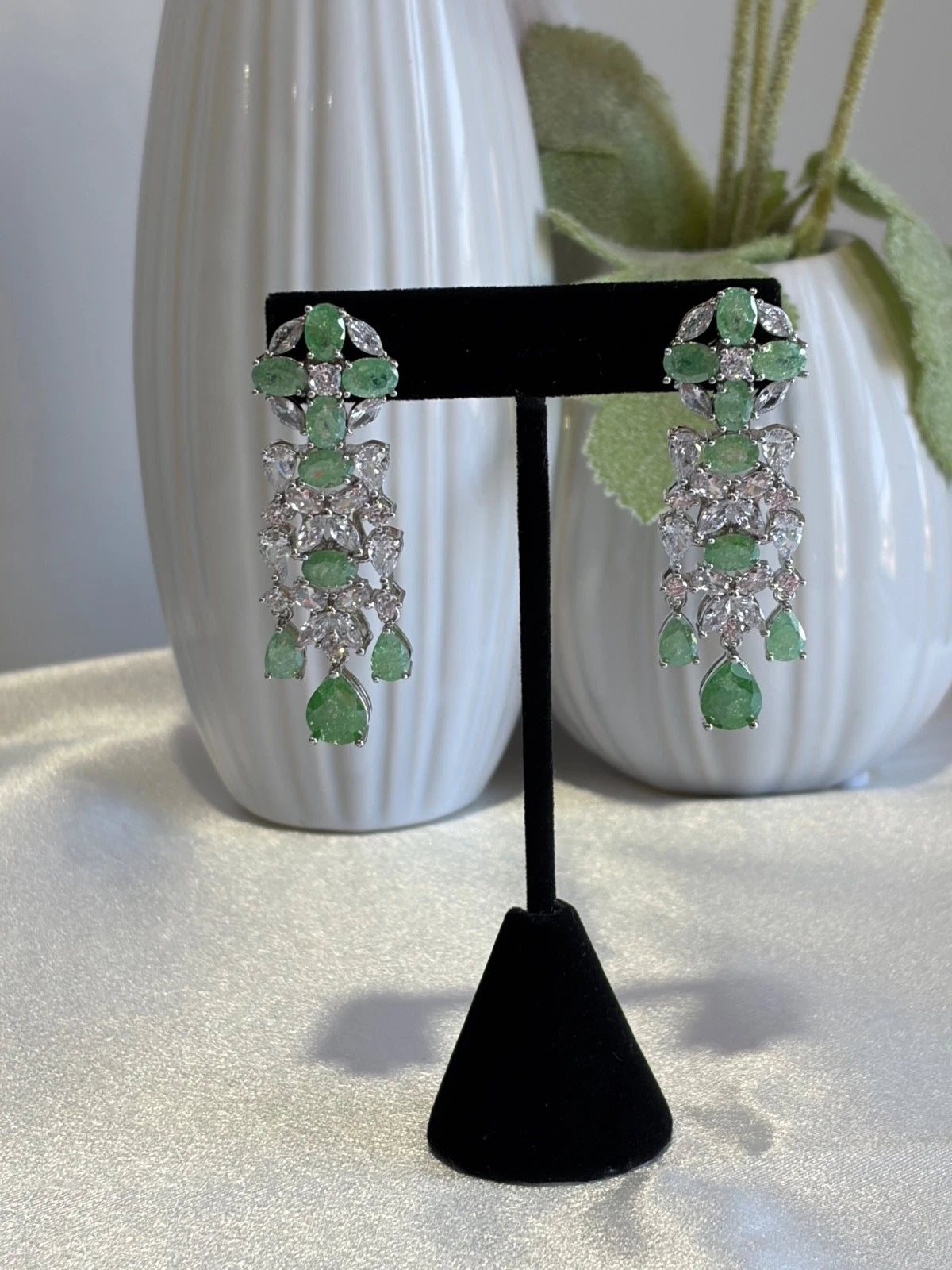 Green CZ Silver Tone Chandelier Drop Earrings Pakistani Indian Jewelry