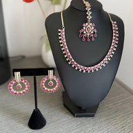 Pink CZ Gold Tone Necklace Earrings Tikka Set Indian Pakistani Bridal Jewelry