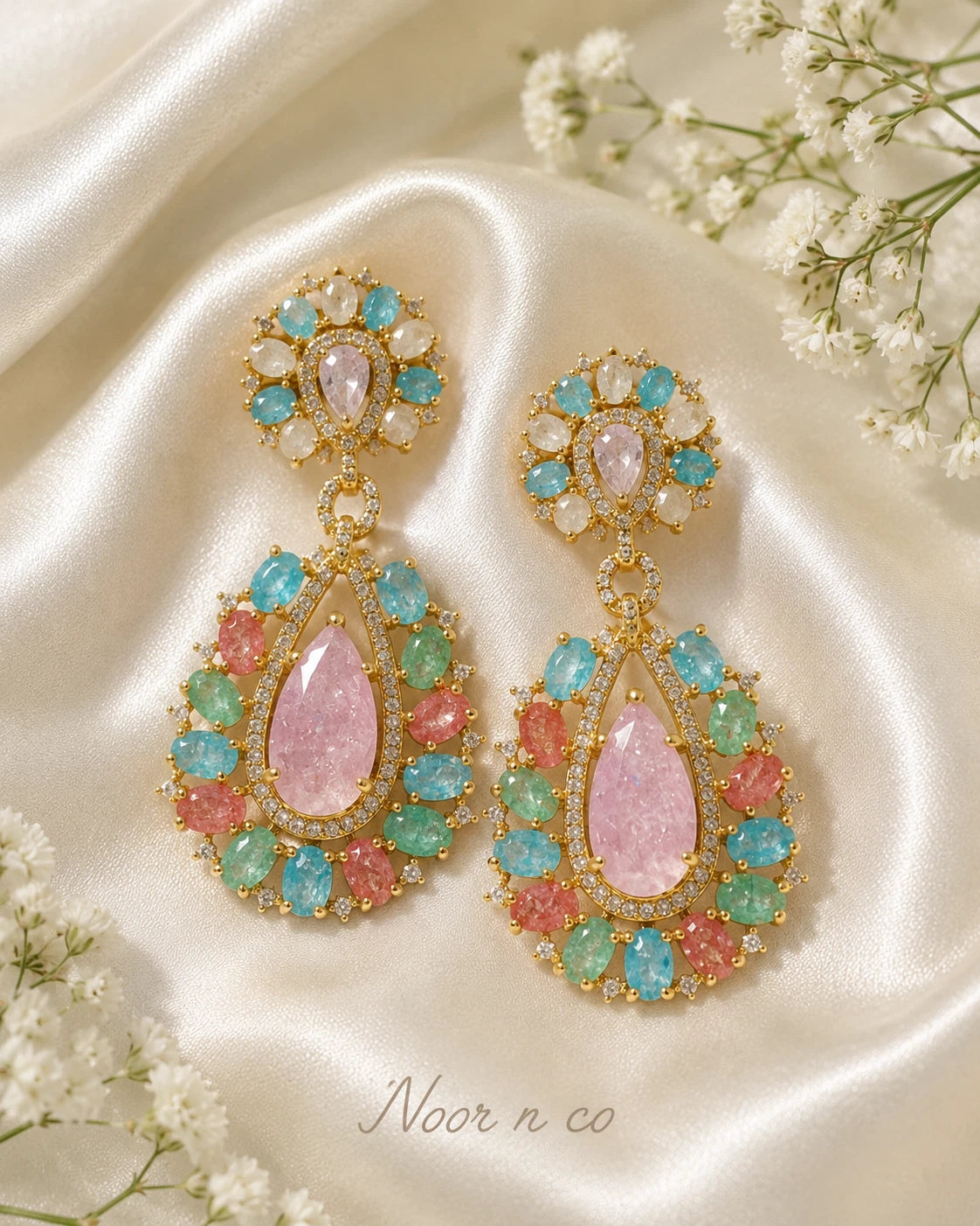 Pastel Multicolor CZ Gold Tone Teardrop Earrings Pakistani Indian Jewelry