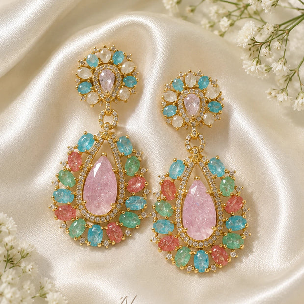Pastel Multicolor CZ Gold Tone Teardrop Earrings Pakistani Indian Jewelry