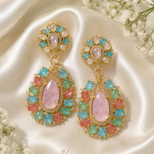 Pastel Multicolor CZ Gold Tone Teardrop Earrings Pakistani Indian Jewelry