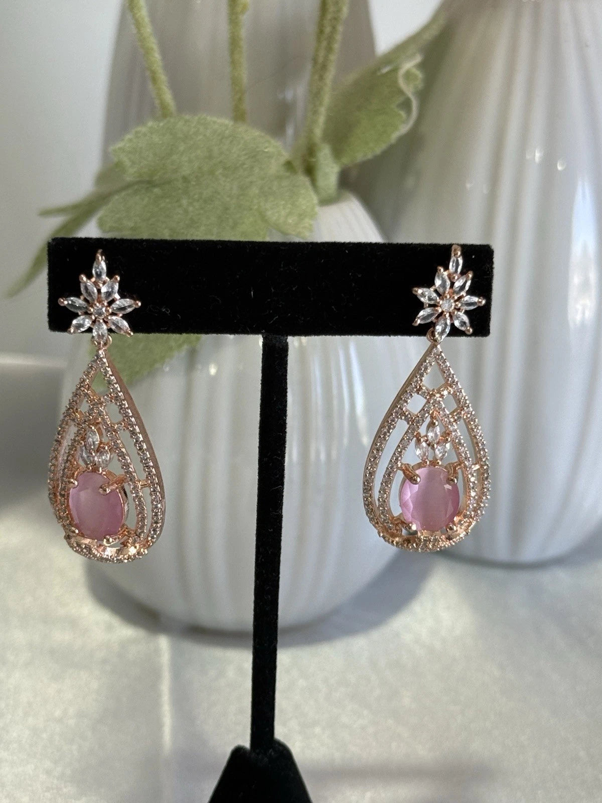 Baby Pink CZ Teardrop Earrings Rose Gold Tone Party Jewelry