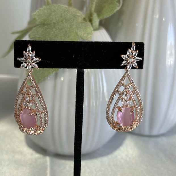 Baby Pink CZ Teardrop Earrings Rose Gold Tone Party Jewelry