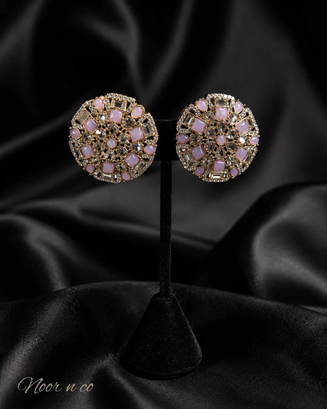Pink Lavender Gold Tone CZ Round Statement Earrings Indian Pakistani Jewelry