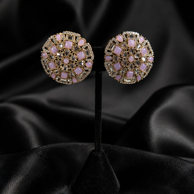 Pink Lavender Gold Tone CZ Round Statement Earrings Indian Pakistani Jewelry