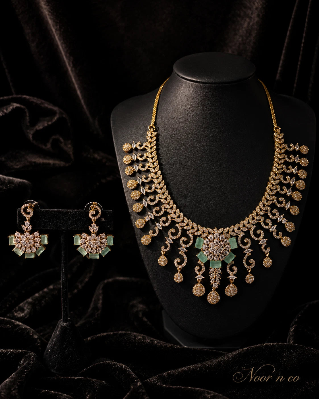 Gold Tone Mint Green CZ Necklace Earrings Set Indian Pakistani Bridal Jewelry
