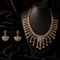 Gold Tone Mint Green CZ Necklace Earrings Set Indian Pakistani Bridal Jewelry