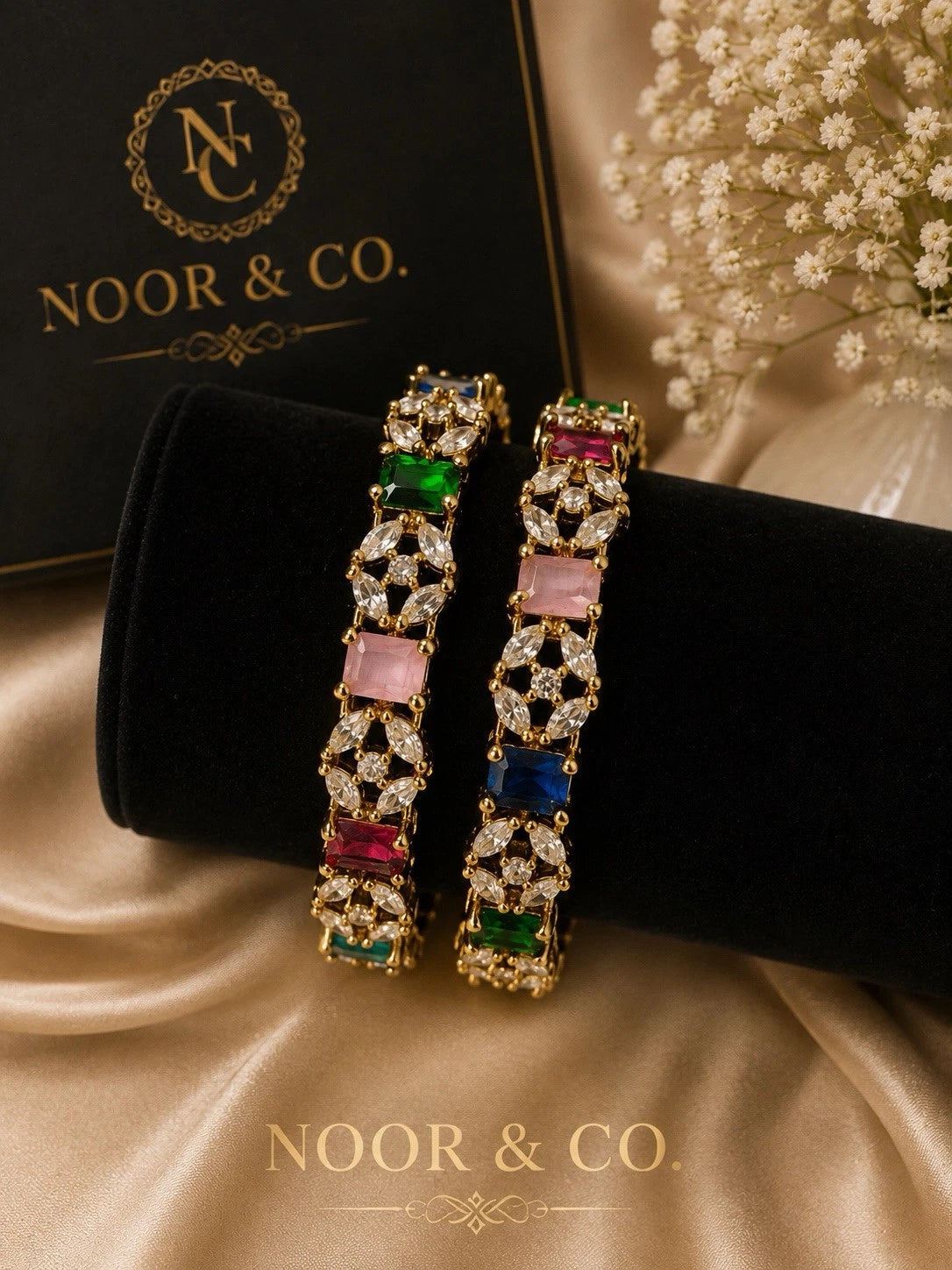 Aurora Multicolor CZ Statement Bangles – Premium Gold Finish (Pair)
