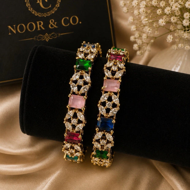 Aurora Multicolor CZ Statement Bangles – Premium Gold Finish (Pair)