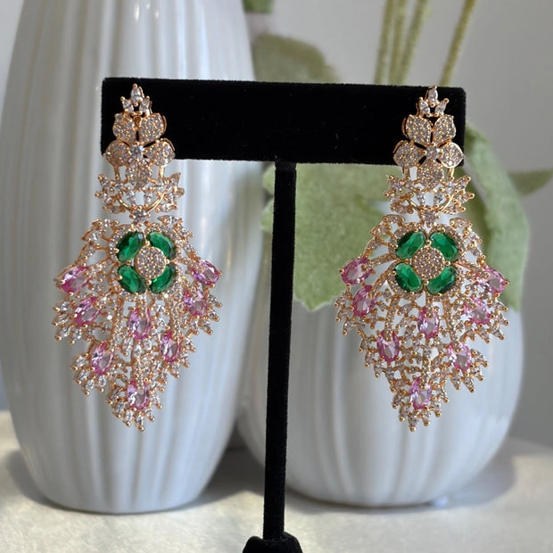 Green Pink CZ Gold Tone Chandelier Earrings Pakistani Indian Bridal Jewelry