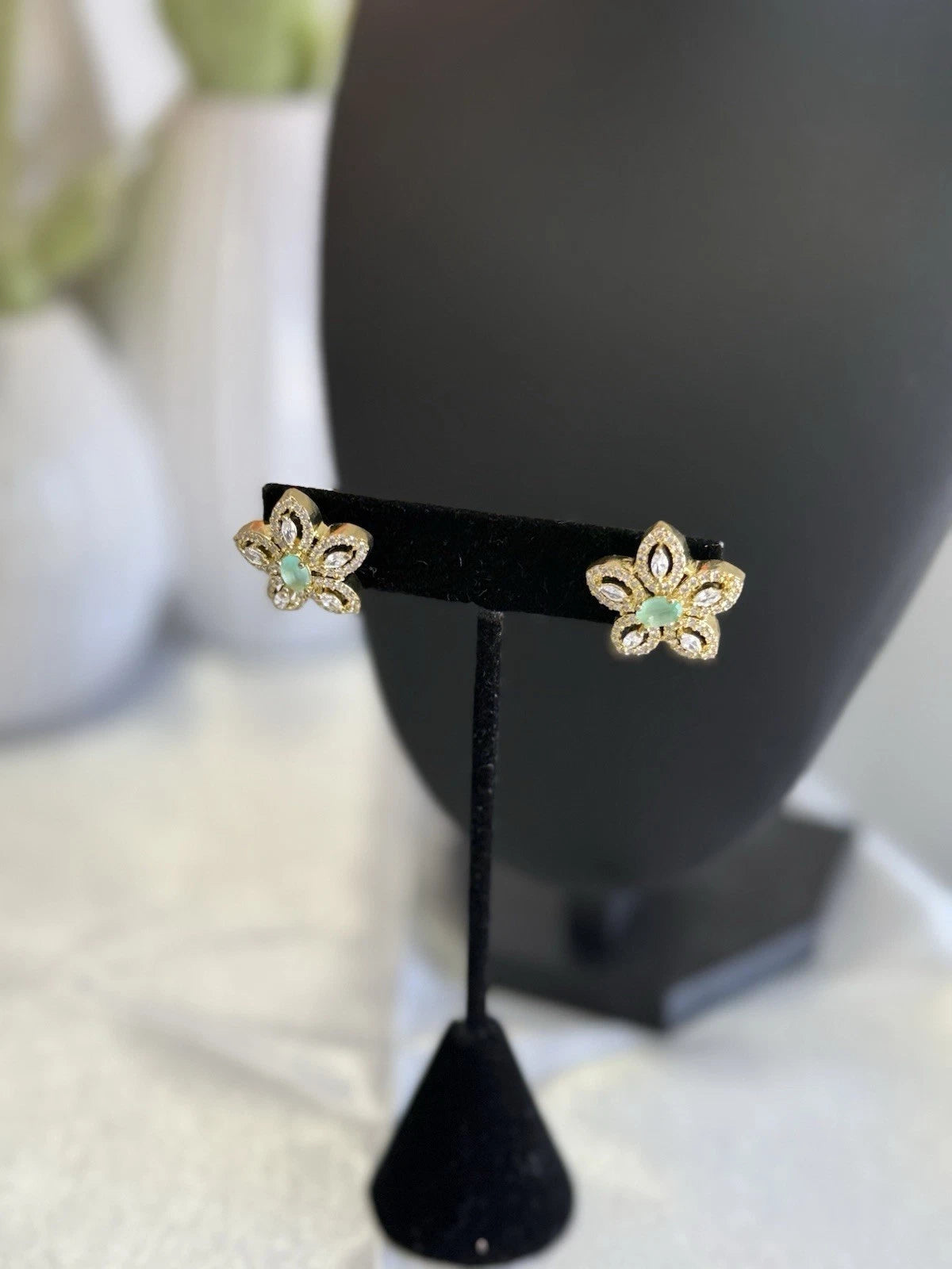 Mint Green CZ Flower Stud Earrings Gold Tone Party Jewelry