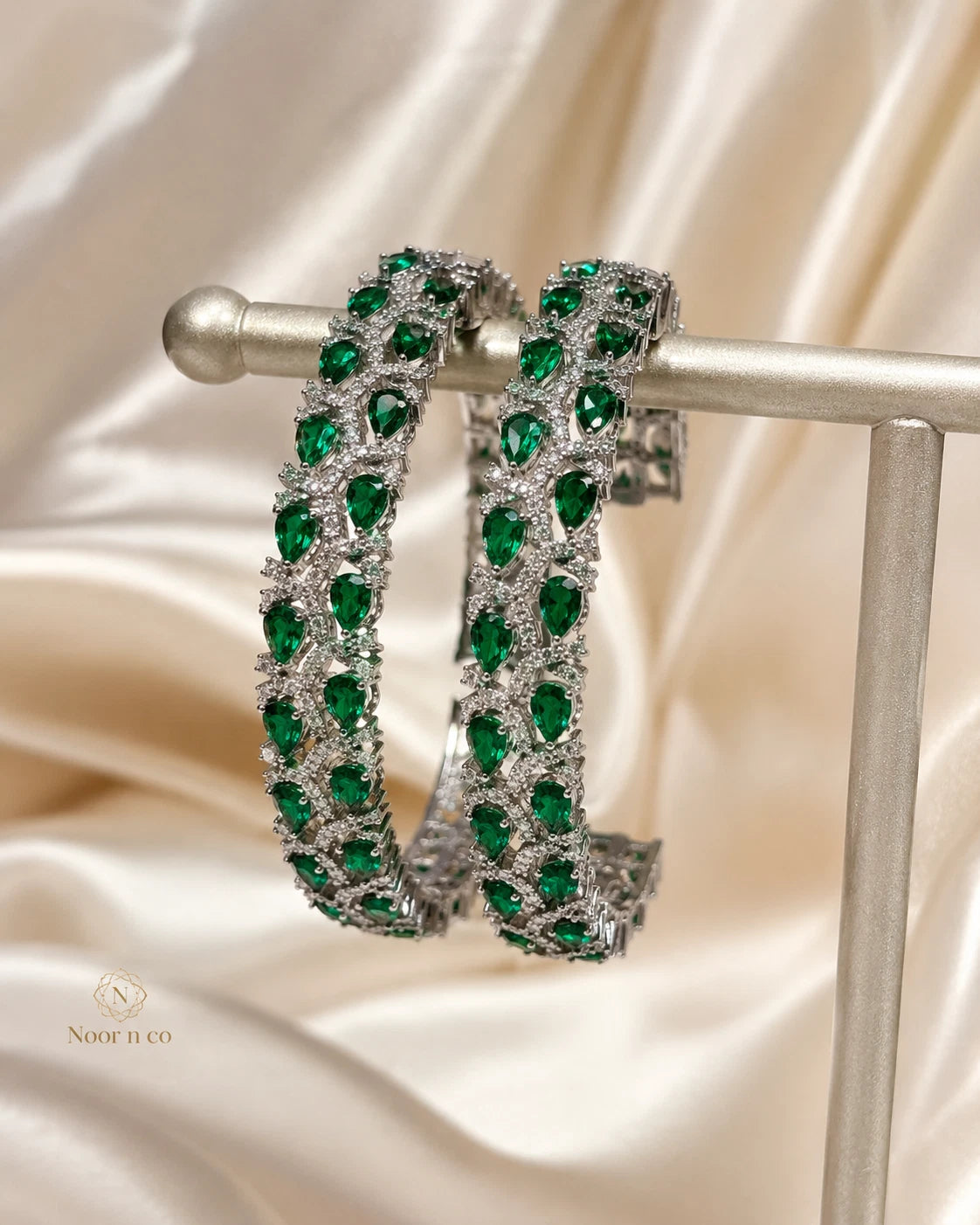 Emerald Green Silver Tone CZ Bangle Set Indian Pakistani Bridal Jewelry
