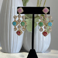 Multicolor CZ Gold Tone Chandelier Earrings Pakistani Indian Statement Jewelry