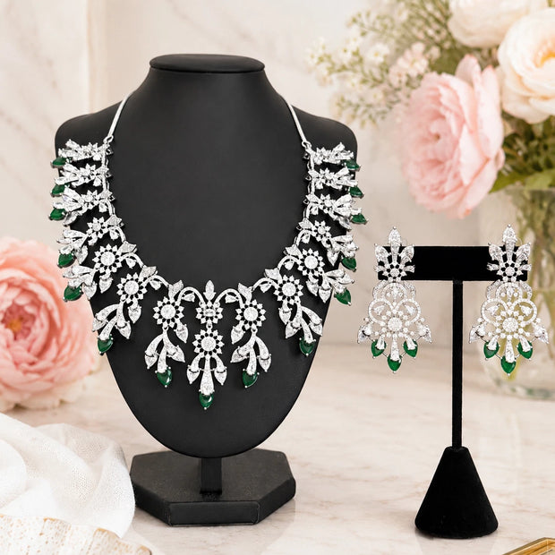 Emerald Green CZ Crystal Silver Necklace Earrings Set Indian Bridal Jewelry