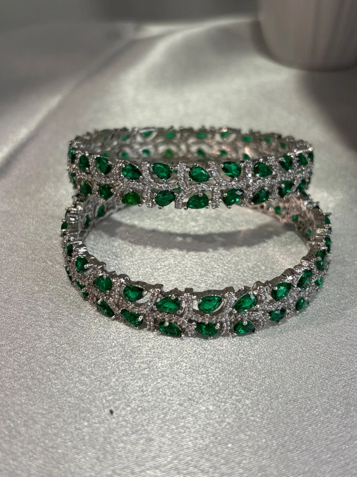 Emerald Green Silver Tone CZ Bangle Set Indian Pakistani Bridal Jewelry