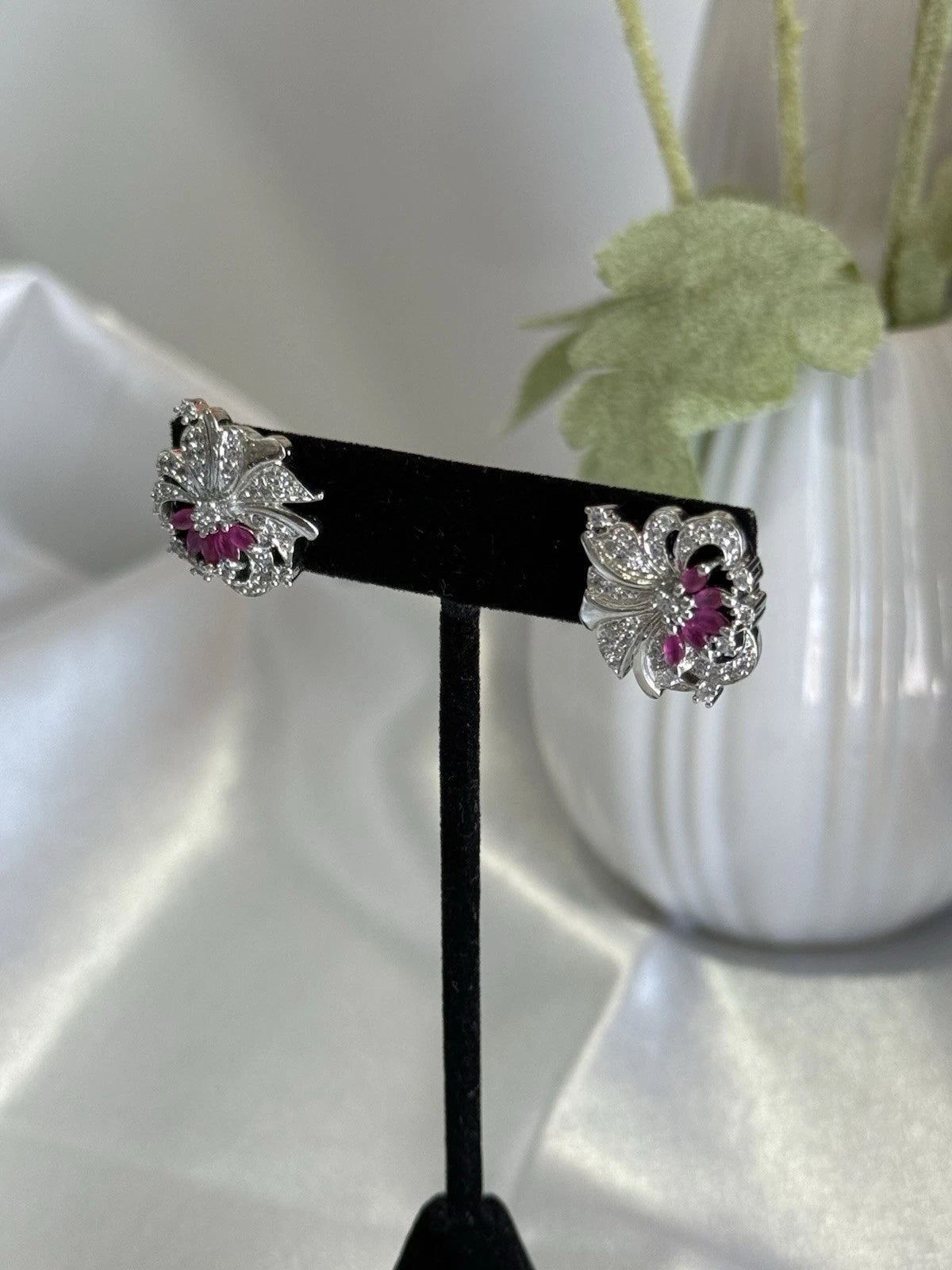 Magenta Pink & Black CZ Floral Stud Earrings Silver Tone Party Jewelry