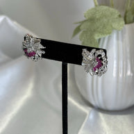 Magenta Pink & Black CZ Floral Stud Earrings Silver Tone Party Jewelry