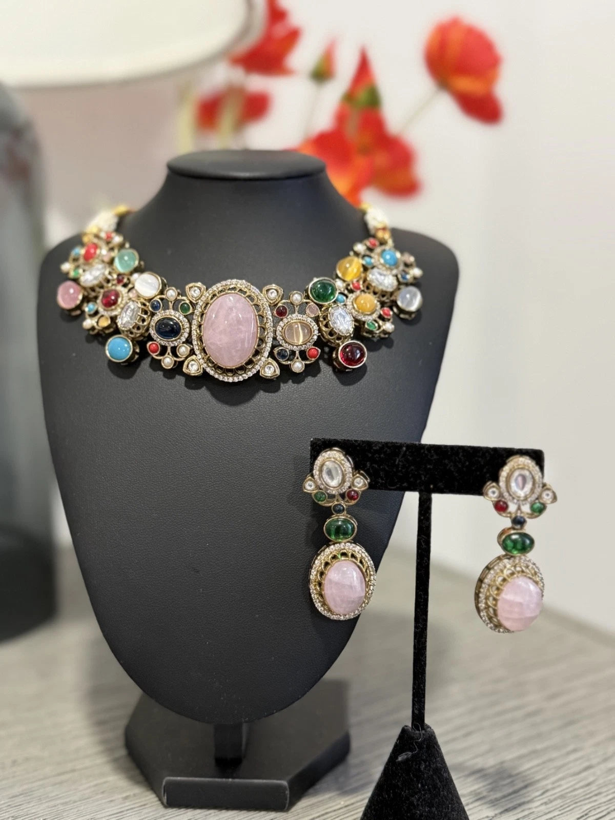 Sabyasachi Inspired Necklace Earrings Set | Pink Stone Multicolor Gem Bridal Jew