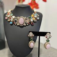 Sabyasachi Inspired Necklace Earrings Set | Pink Stone Multicolor Gem Bridal Jew