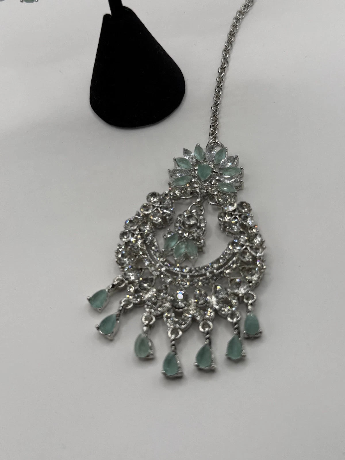 Mint Green Crystal Chandbali Earrings and Tikka