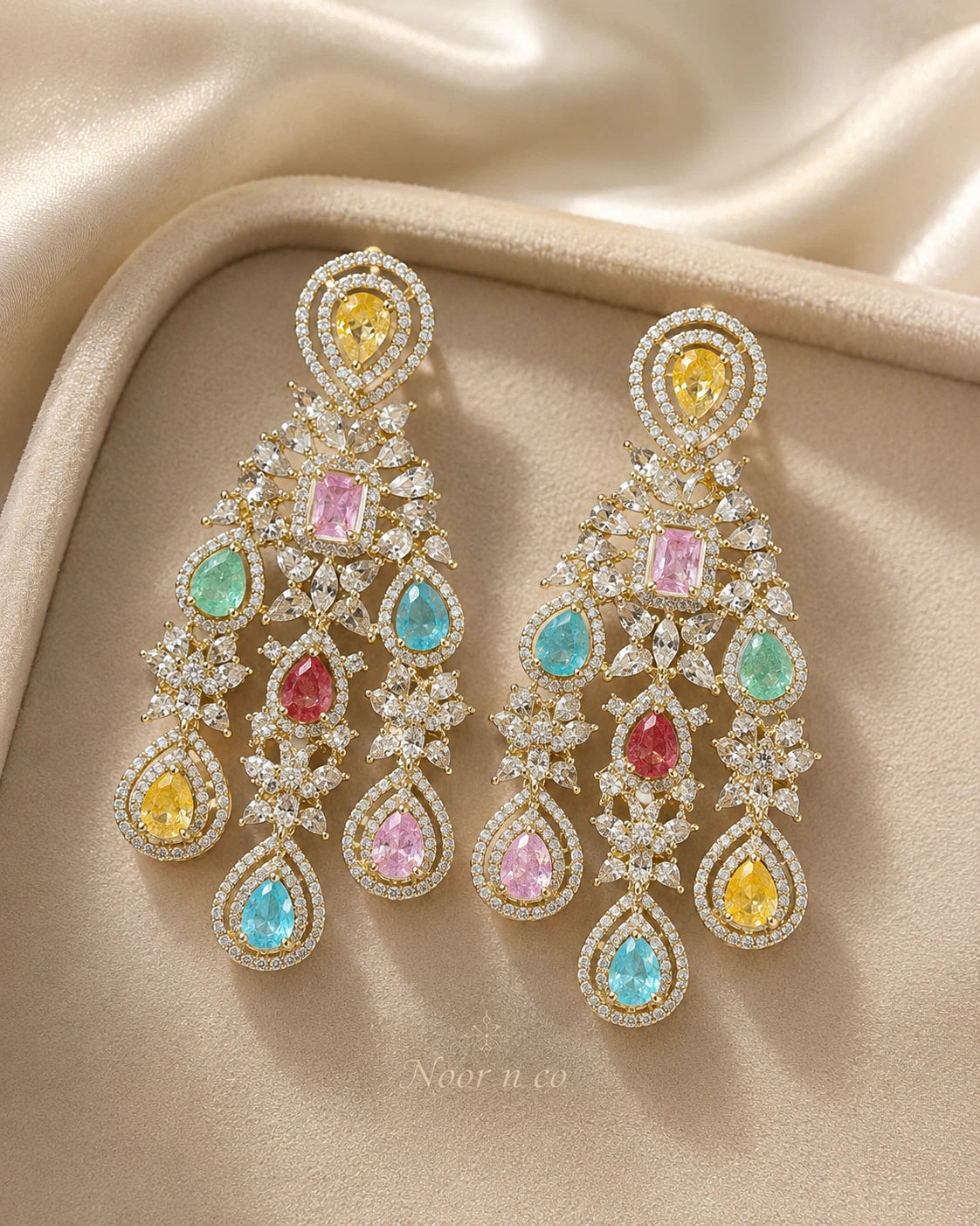 Multicolor CZ Gold Tone Chandelier Earrings Pakistani Indian Bridal Jewelry