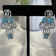 Aqua Blue CZ Necklace Earrings Tikka Set Silver Tone Pakistani Jewelry
