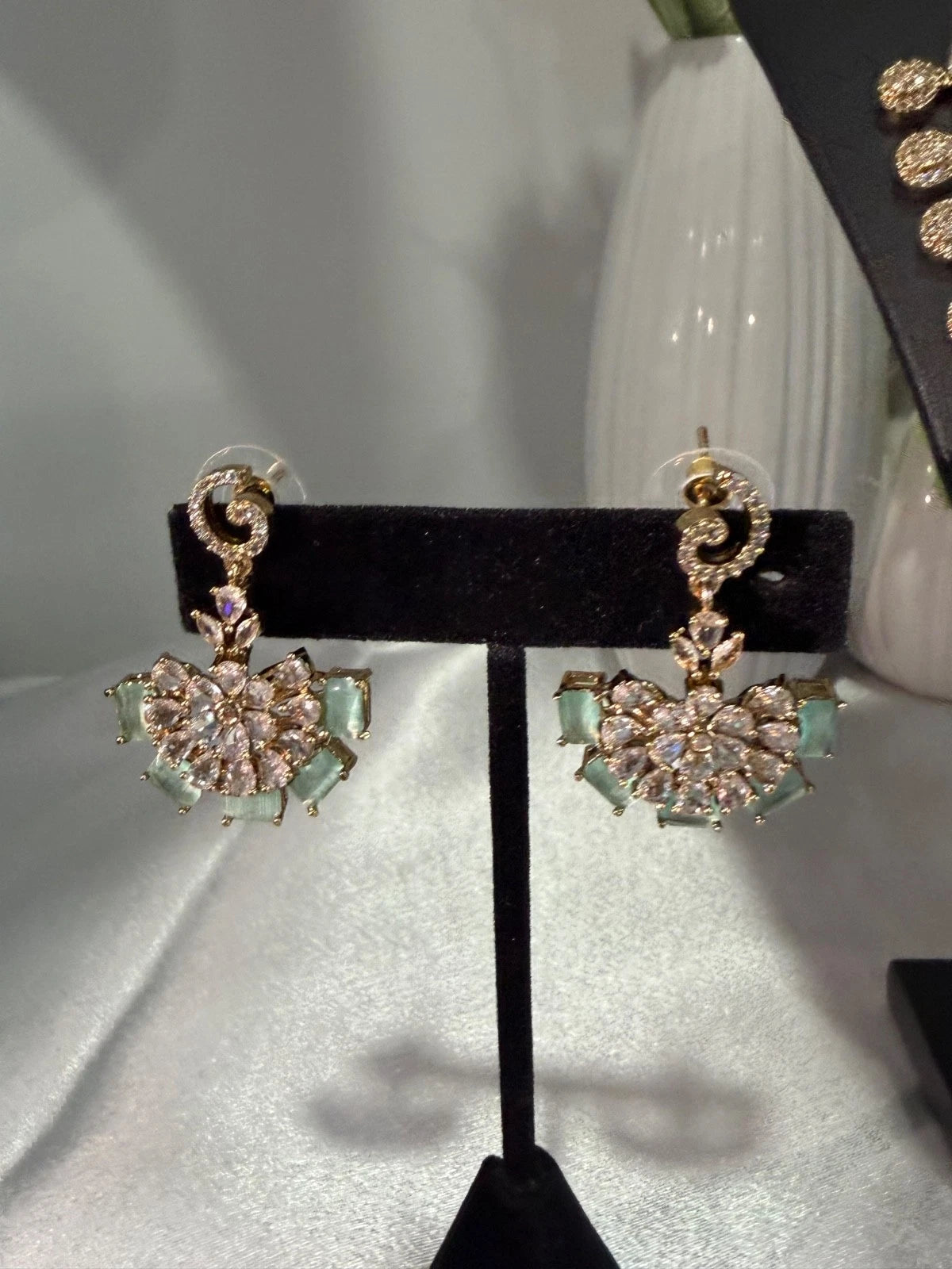 Gold Tone Mint Green CZ Necklace Earrings Set Indian Pakistani Bridal Jewelry