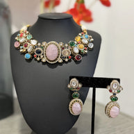 Sabyasachi Inspired Necklace Earrings Set | Pink Stone Multicolor Gem Bridal Jew