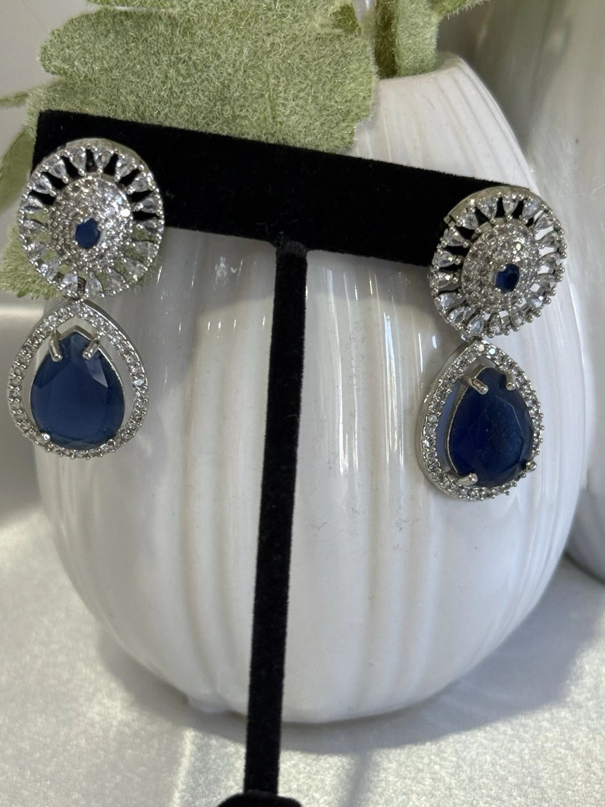 Sapphire Blue CZ Teardrop Earrings Silver Tone Party Jewelry