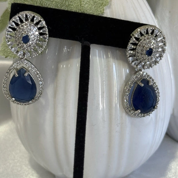 Sapphire Blue CZ Teardrop Earrings Silver Tone Party Jewelry