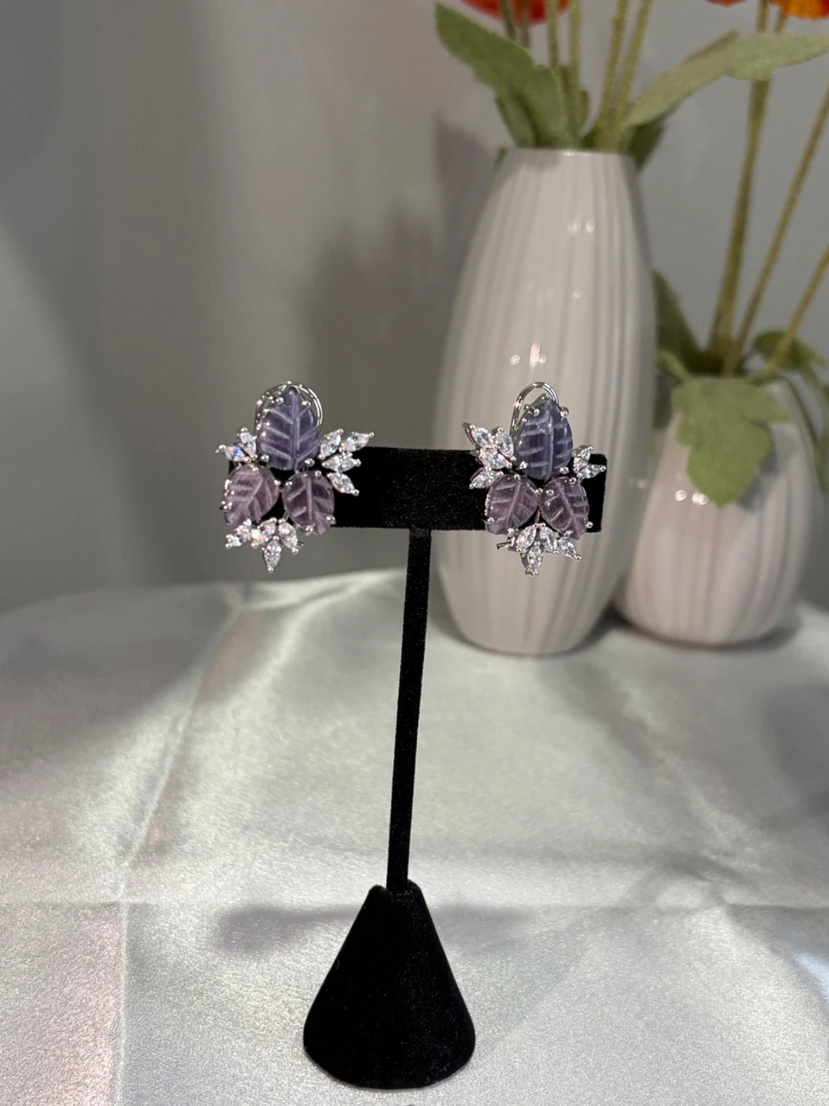Lavender Pink Leaf CZ Stud Earrings Silver Tone Floral Statement Jewelry