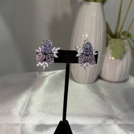 Lavender Pink Leaf CZ Stud Earrings Silver Tone Floral Statement Jewelry