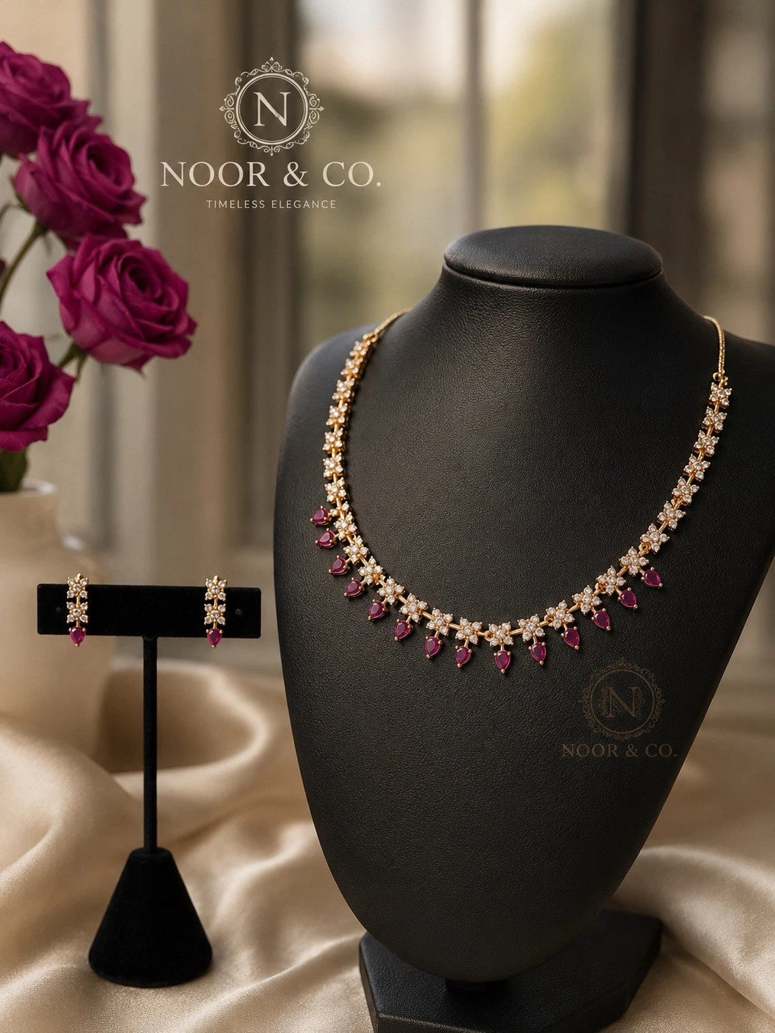 Ruby Teardrop Crystal Necklace & Earrings Set