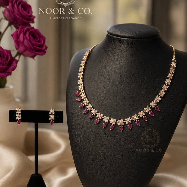 Ruby Teardrop Crystal Necklace & Earrings Set