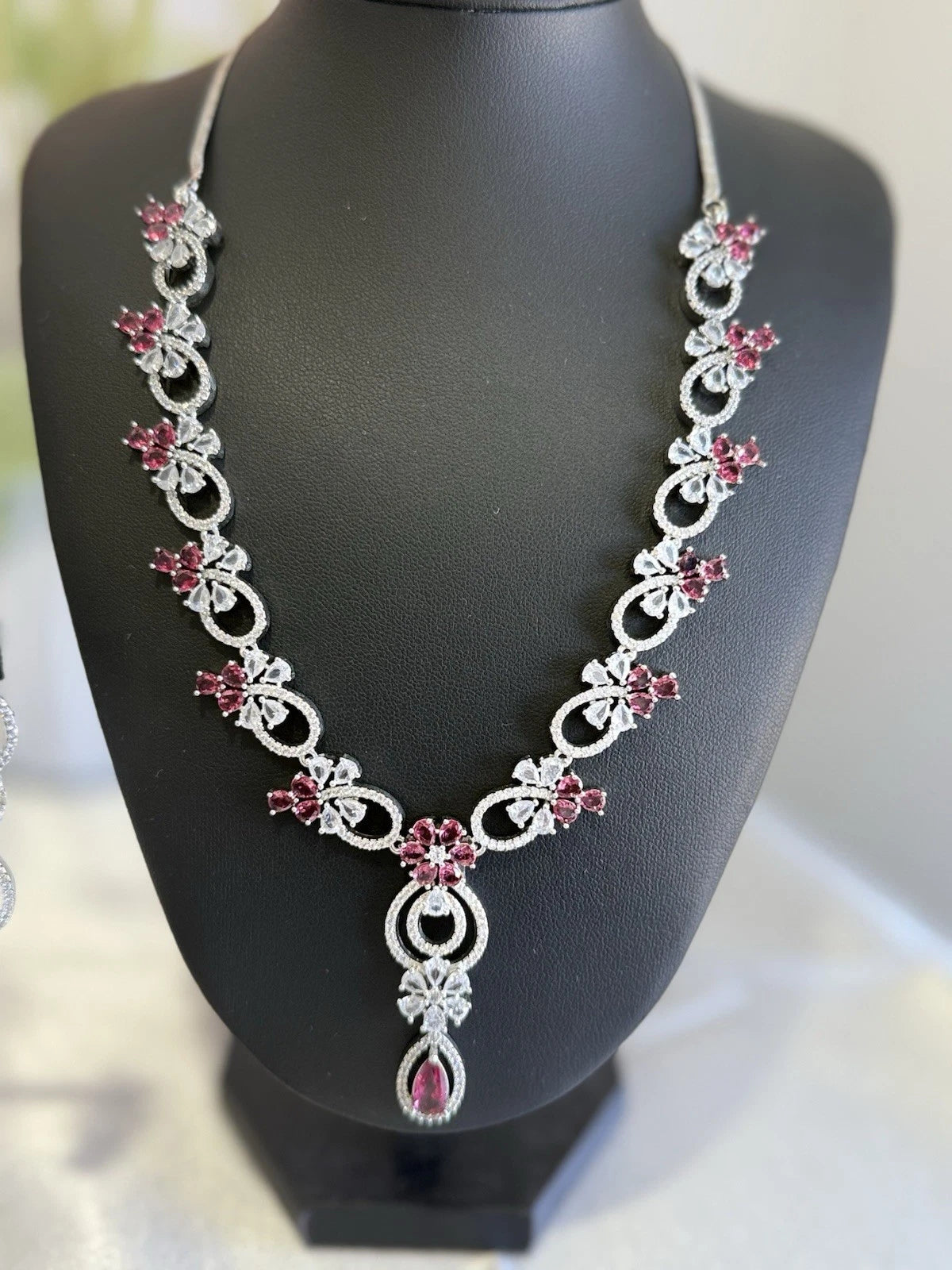 Pink Crystal CZ Necklace & Earrings Set Silver Tone Wedding Jewelry