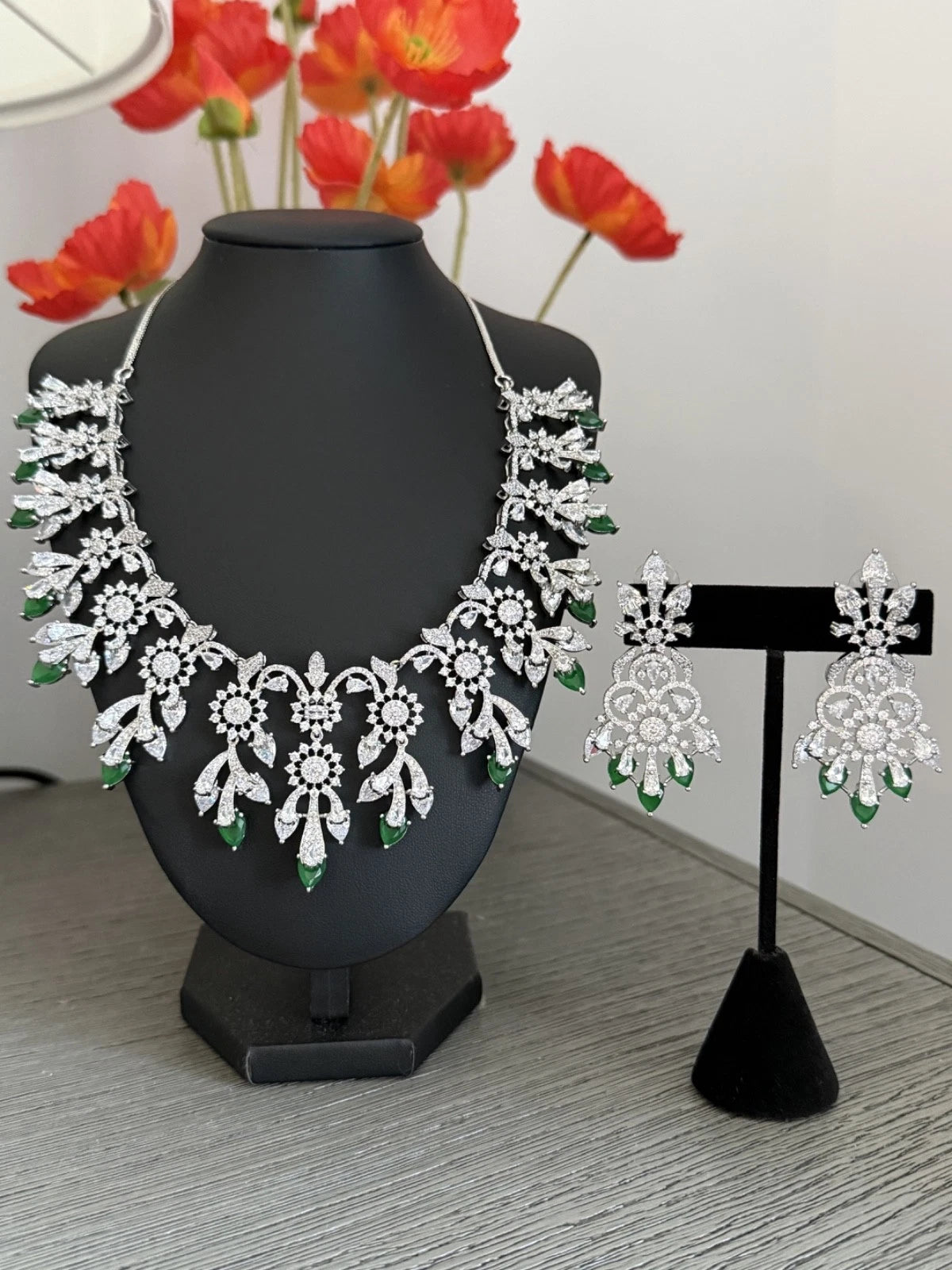 Emerald Green CZ Crystal Silver Necklace Earrings Set Indian Bridal Jewelry