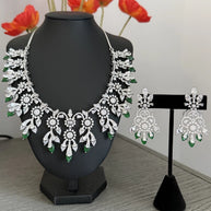 Emerald Green CZ Crystal Silver Necklace Earrings Set Indian Bridal Jewelry