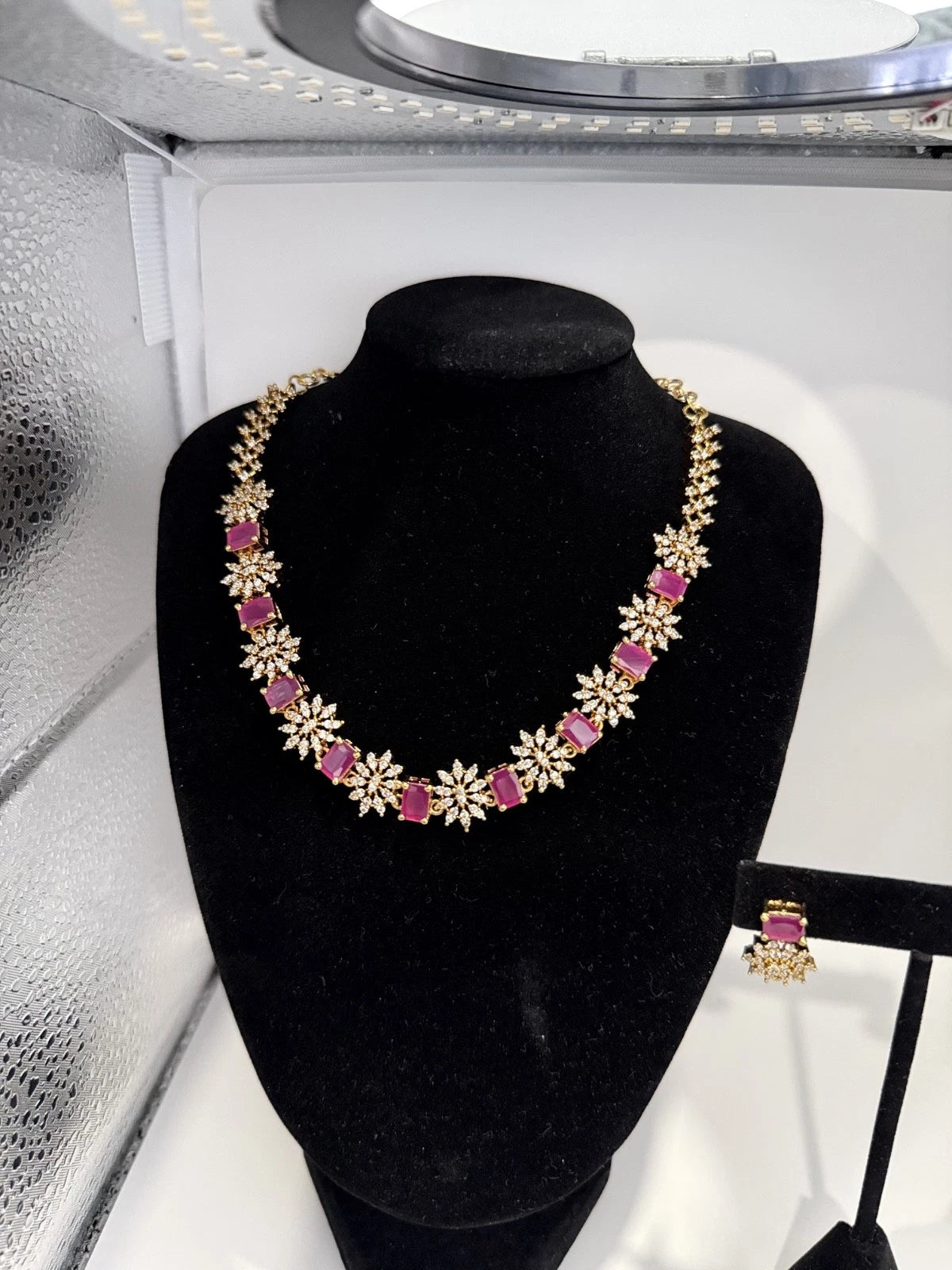 Elegant Pink Crystal Necklace & Earrings Set