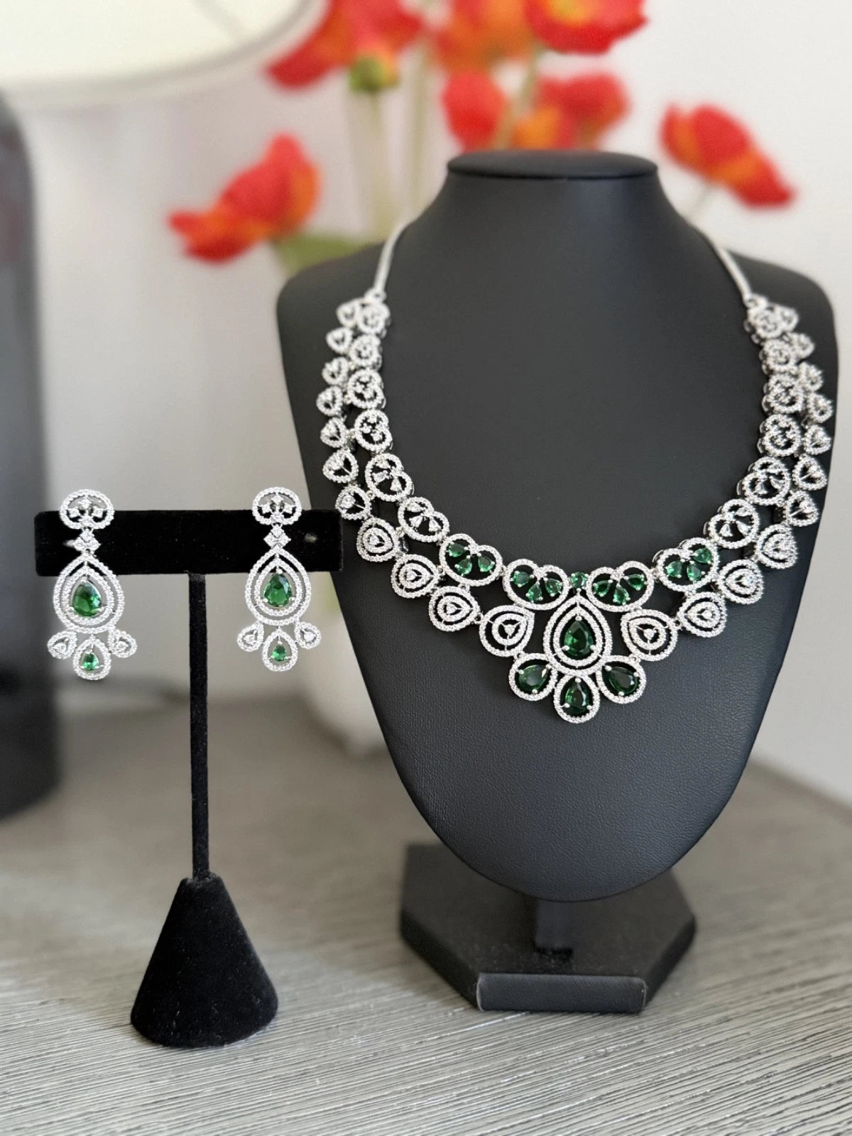 Emerald green and clear CZ-style necklace set
