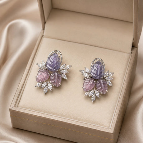 Lavender Pink Leaf CZ Stud Earrings Silver Tone Floral Statement Jewelry