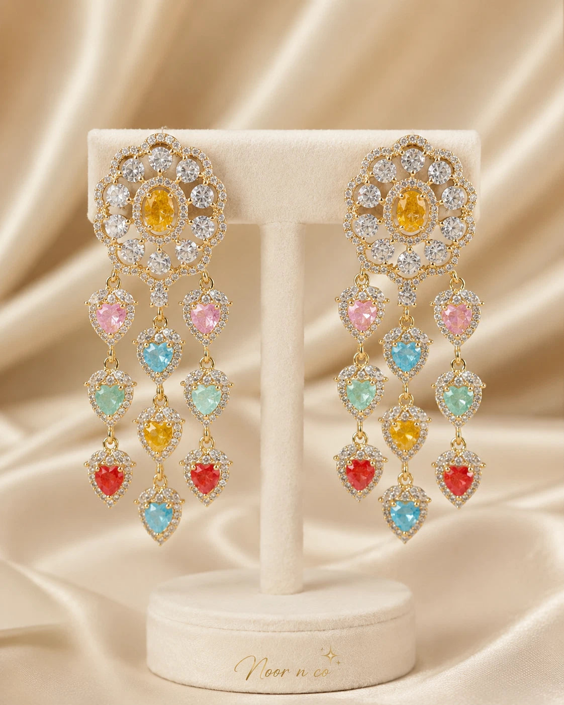 Multicolor Heart CZ Gold Tone Chandelier Earrings Pakistani Indian Jewelry