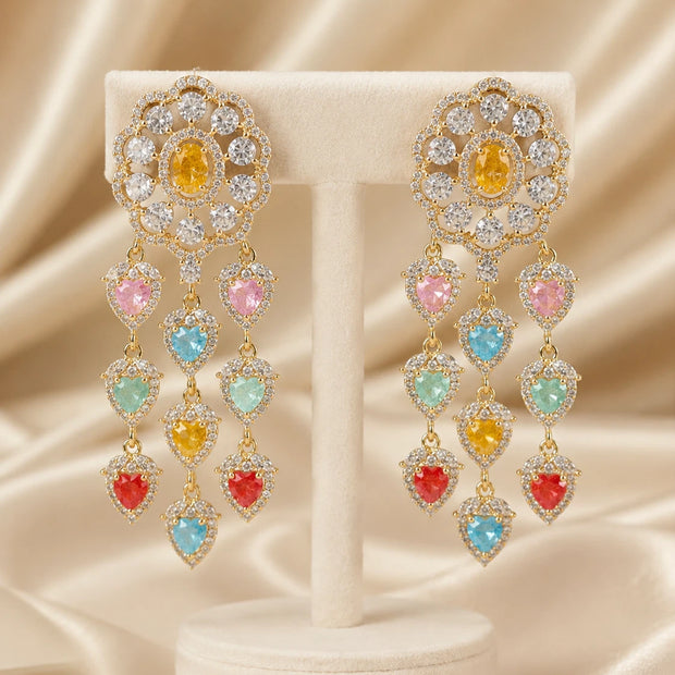Multicolor Heart CZ Gold Tone Chandelier Earrings Pakistani Indian Jewelry