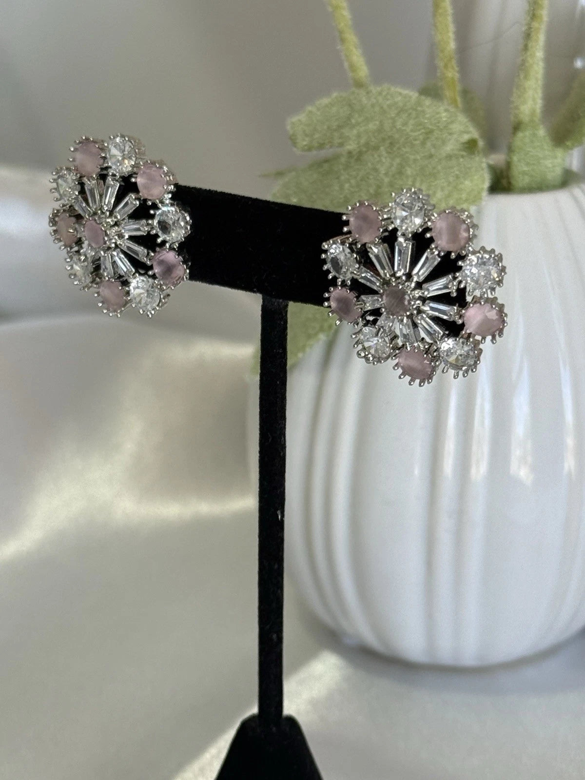 Blush Pink CZ Floral Stud Earrings Silver Tone Party Jewelry