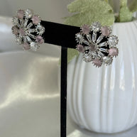 Blush Pink CZ Floral Stud Earrings Silver Tone Party Jewelry