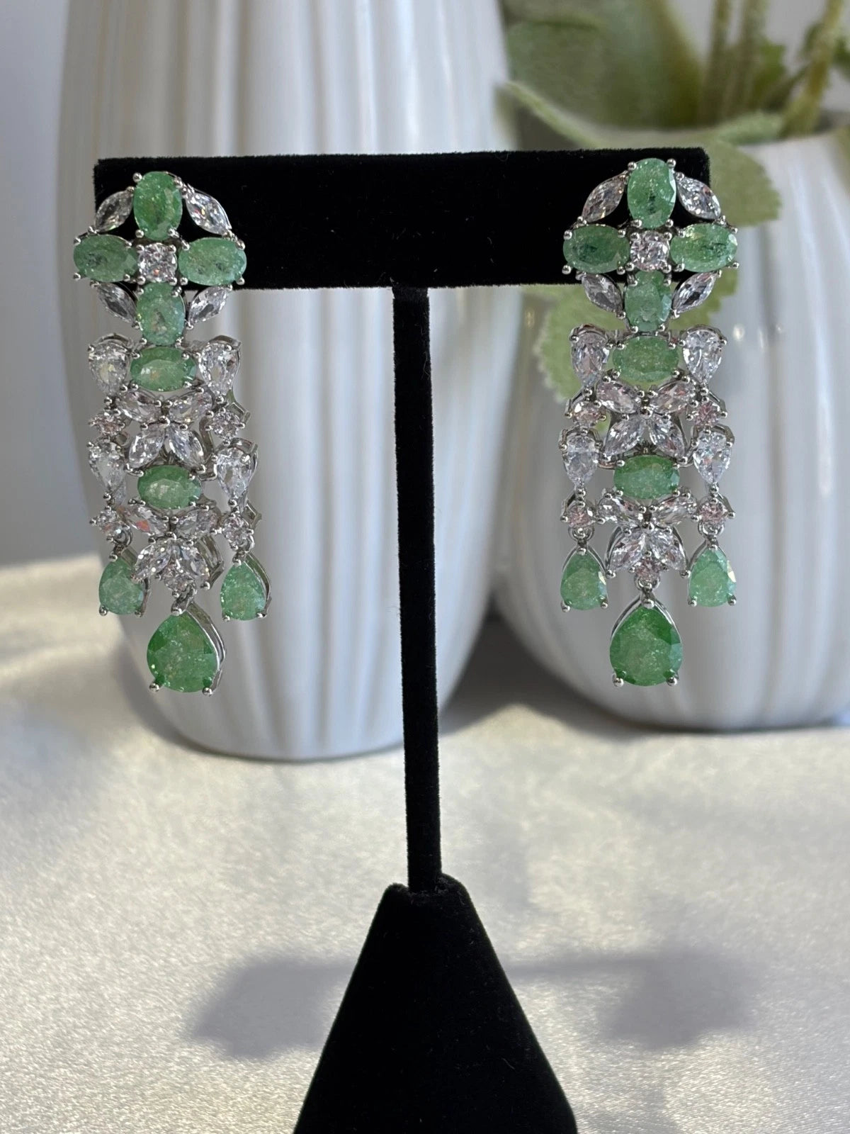 Green CZ Silver Tone Chandelier Drop Earrings Pakistani Indian Jewelry
