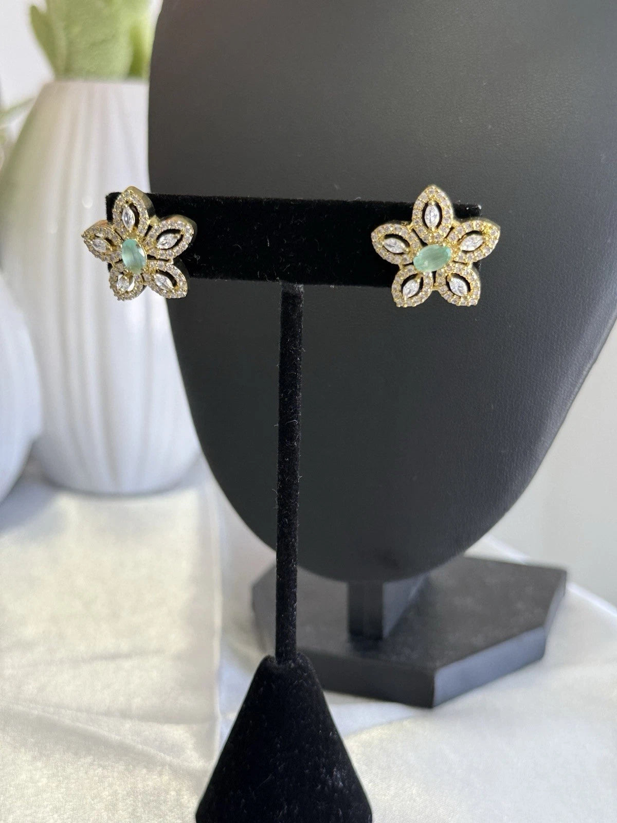 Mint Green CZ Flower Stud Earrings Gold Tone Party Jewelry