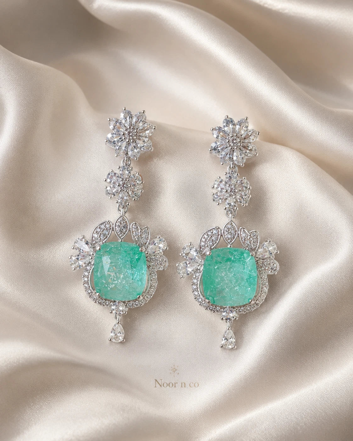 Mint Green CZ Silver Tone Drop Earrings Pakistani Indian Statement Jewelry