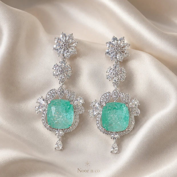 Mint Green CZ Silver Tone Drop Earrings Pakistani Indian Statement Jewelry