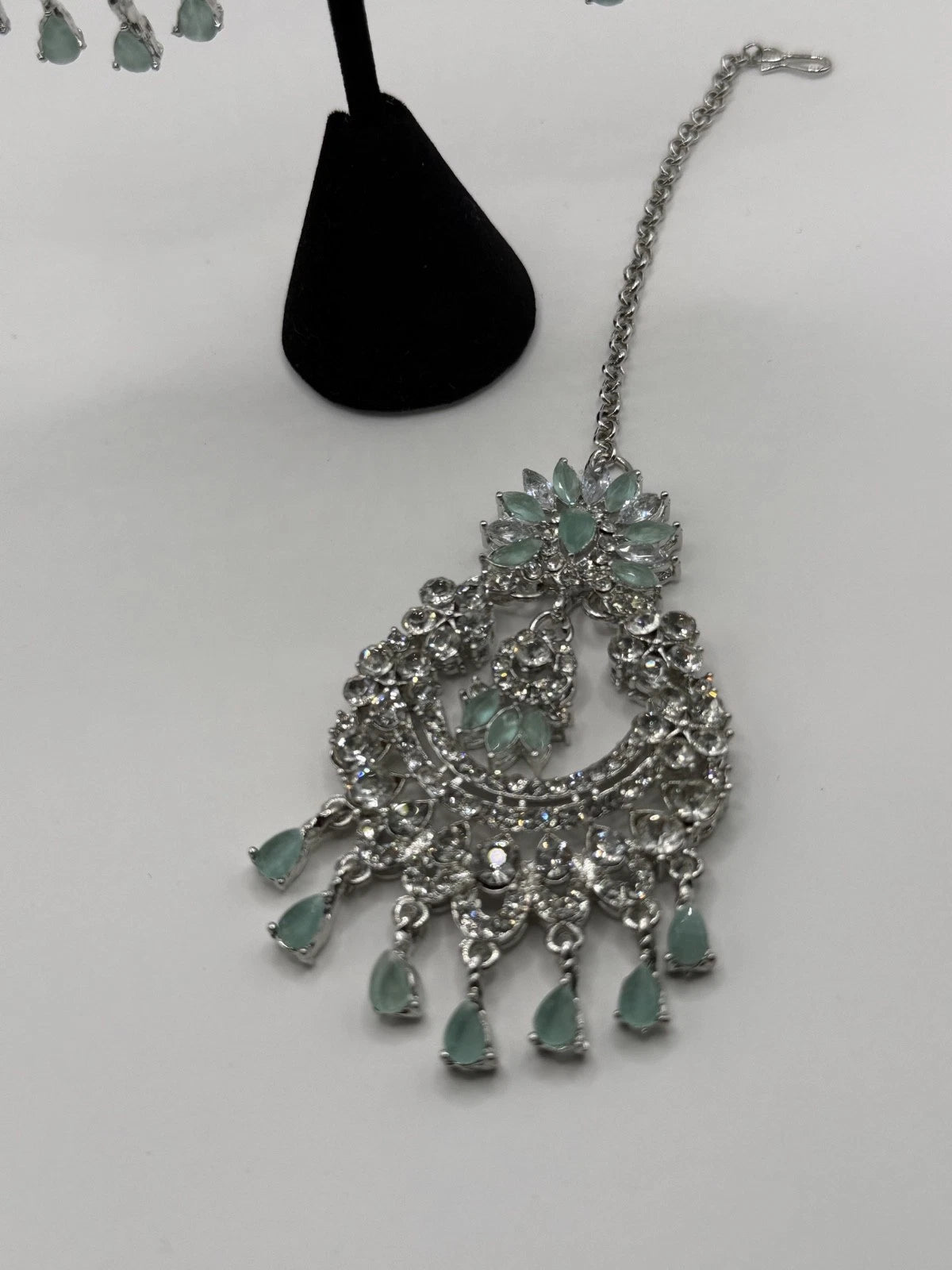 Mint Green Crystal Chandbali Earrings and Tikka